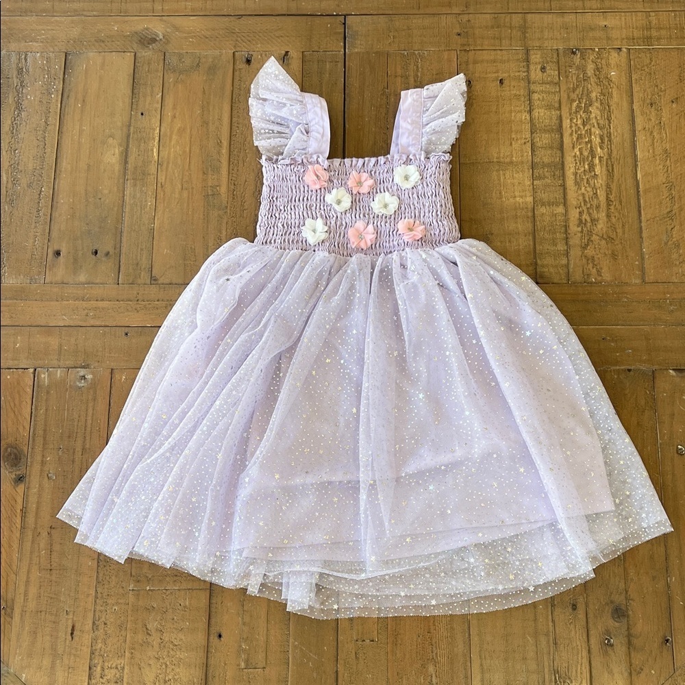 Audrey Camille purple metallic star tulle dress girls 6 floral appliqué